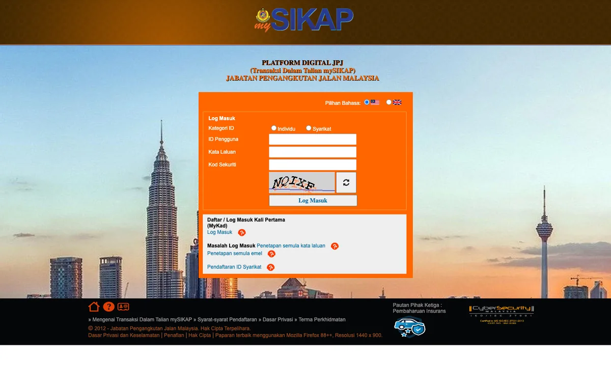 Halaman log masuk portal awam JPJ dengan medan ID Pengguna, Kata Laluan dan Kod Sekuriti di hadapan latar Menara Berkembar Petronas